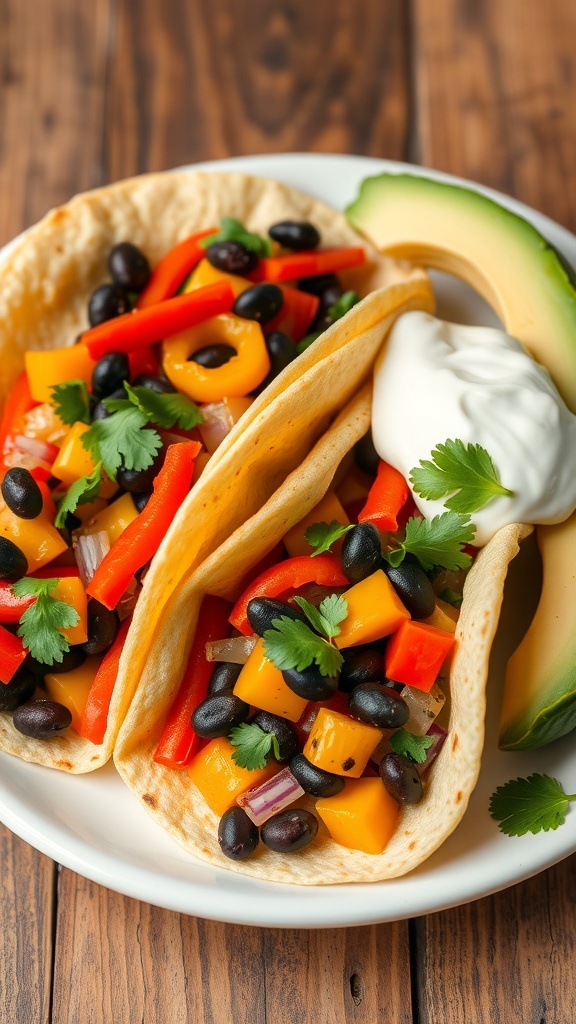 Vegetarian Tortillas Recipe Vegetarian tortillas filled with bell peppers, onions, and black beans, garnished with cilantro, served with avocado and sour cream.